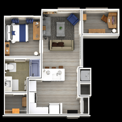 A floor plan of a modern apartment with a living room, kitchen, and bathroom.